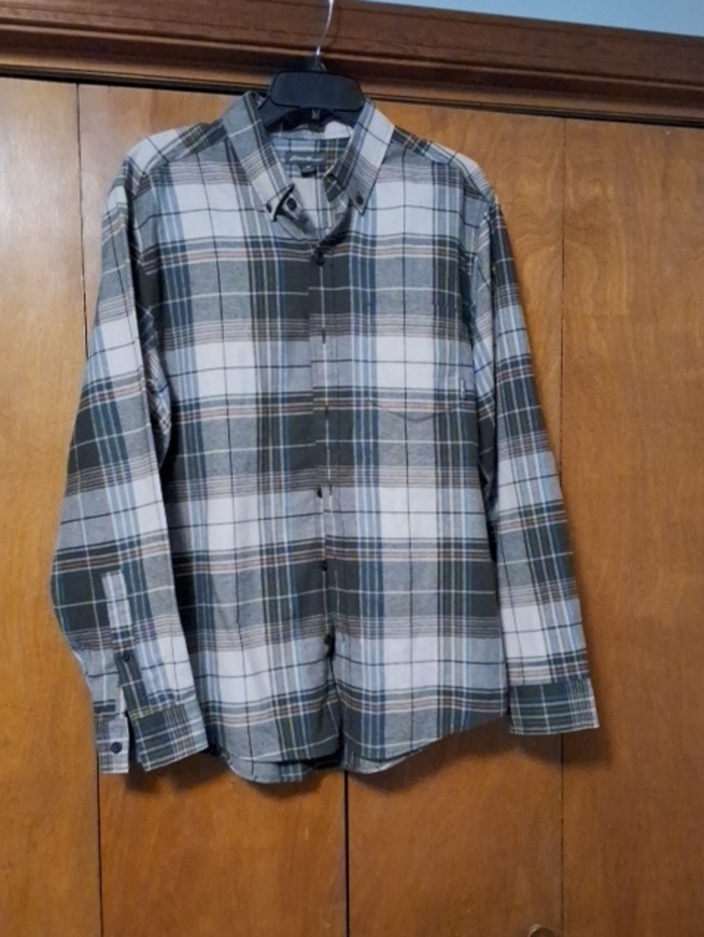 Eddie Bauer Green and White Plaid Button-Down Shirt